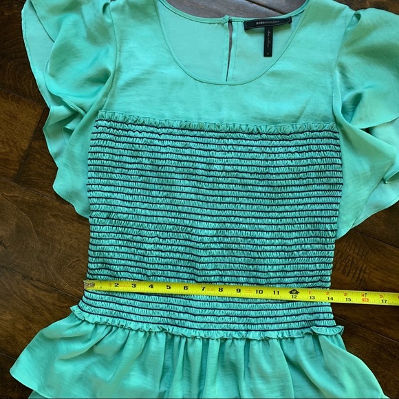 {BCBG} Larra Aqua Smocked Vintage Mini Dress Fit‎ Flare Ruffle Skirt Size Medium - Picture 5 of 7